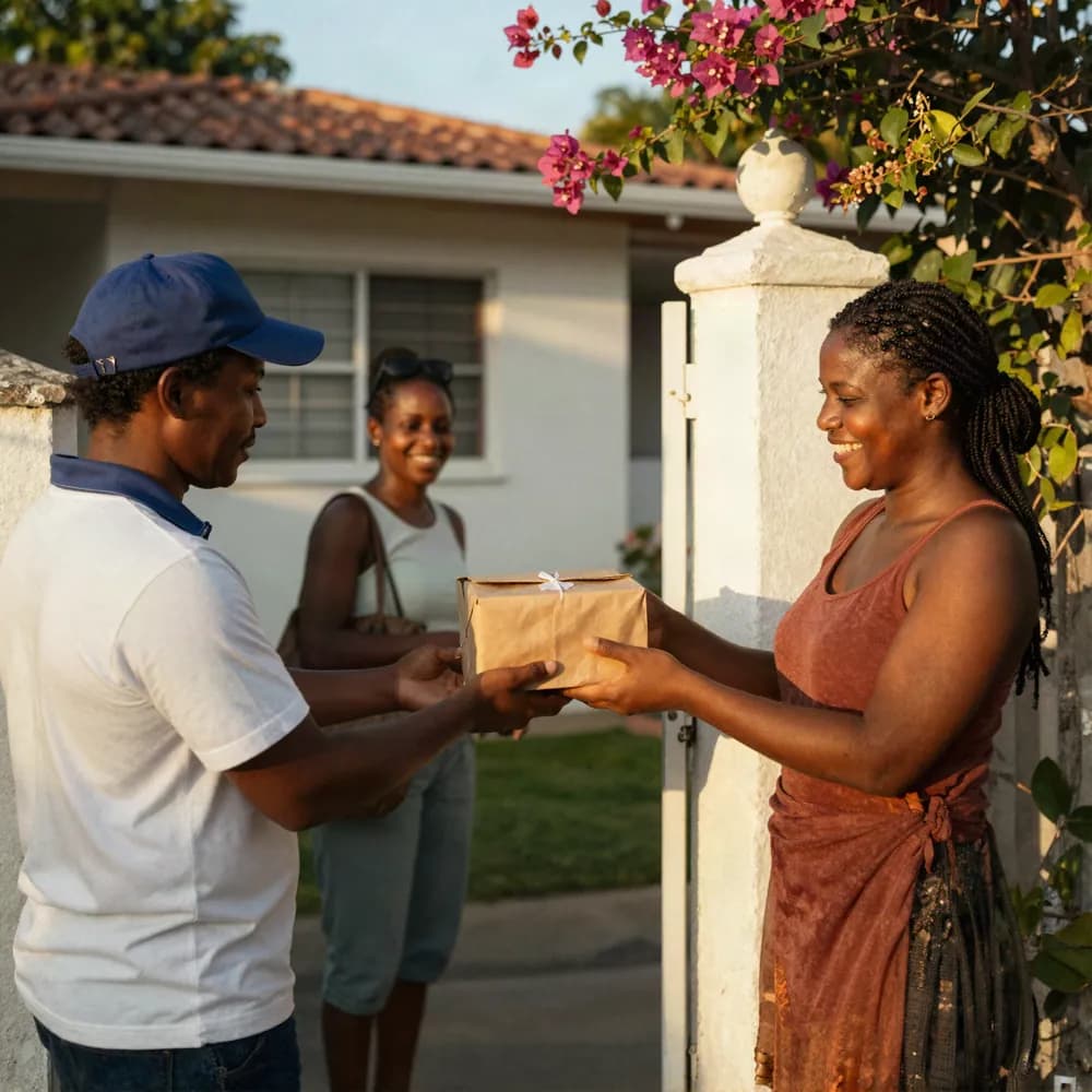 A courier handing a wrapped parcel to a woman at her front gate