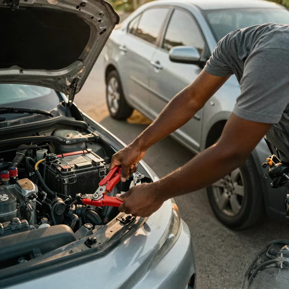 Jumper cables being clamped to a car battery at the roadside