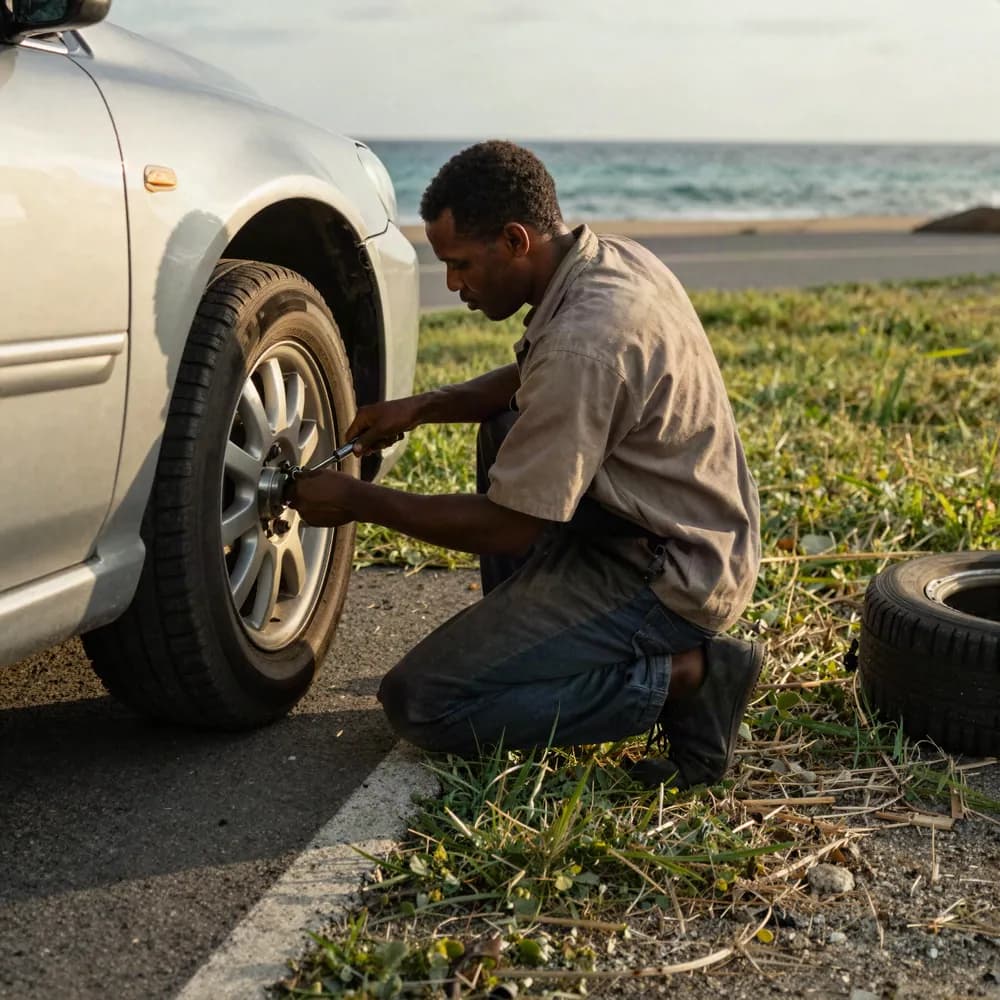 A man changing a car wheel at the roadside with the sea behind him